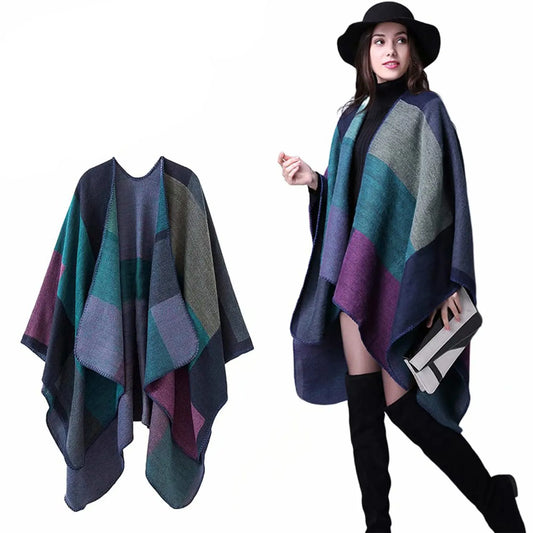 Thicken Winter Shawl Wraps Cape Women Fall Ponchos Plus Size Block Plaid Open Front Sweater Fleece Scarf