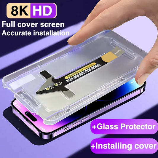 Tempered Glass For iPhone 15 14 13 12 11 Pro Max XS MAX X XR 15 Plus Screen Protector With Alignment Mounting Cover